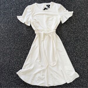 DKNY White Midi Dress with Tie Belt
